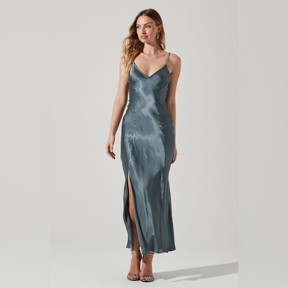 Astr Women's Satin Dress in Slate Blue - Picture 1 of 10